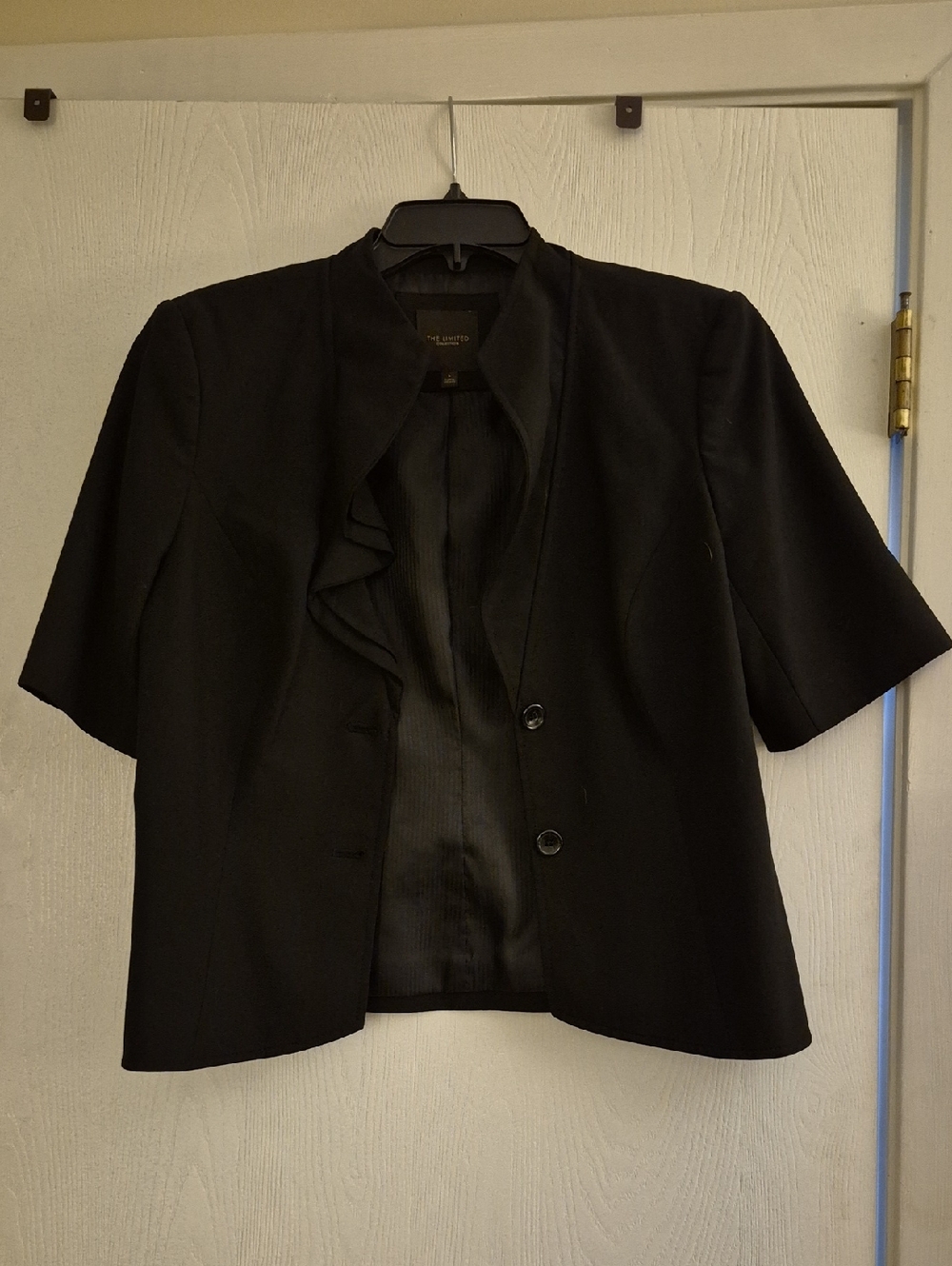 The Limited Black Short-Sleeve Ruffle Front Blazer
